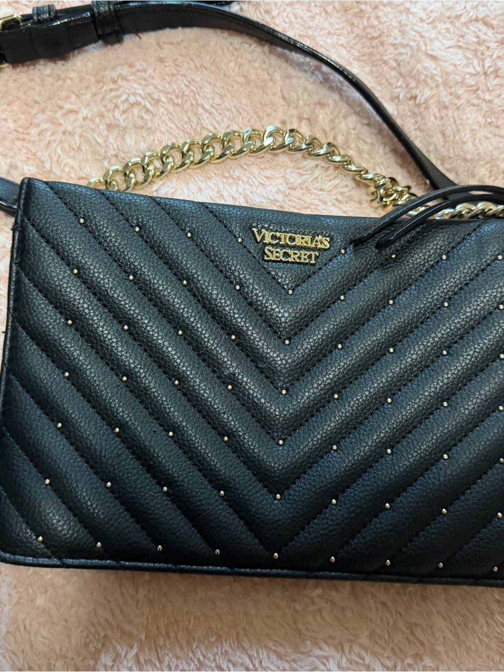 Victoria's Secret Black Quilted Crossbody with Gold Chain & Studs